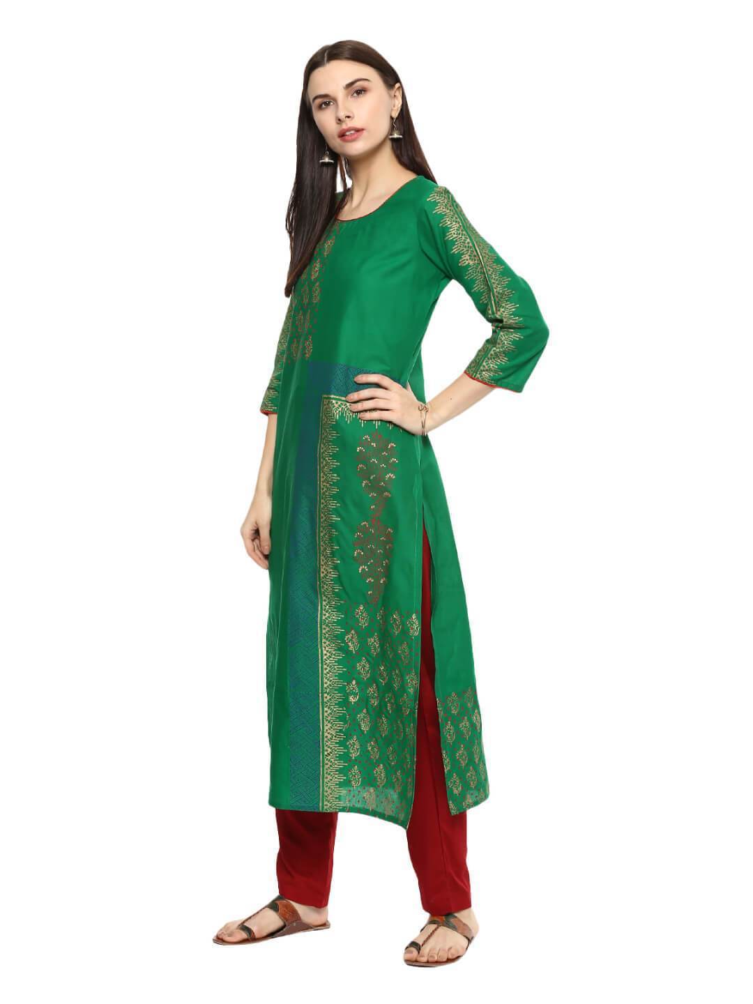 NOZ2TOZ Women's Green Ajrakh Floral Hand Block Cotton Printed Straight Kurta - Distacart