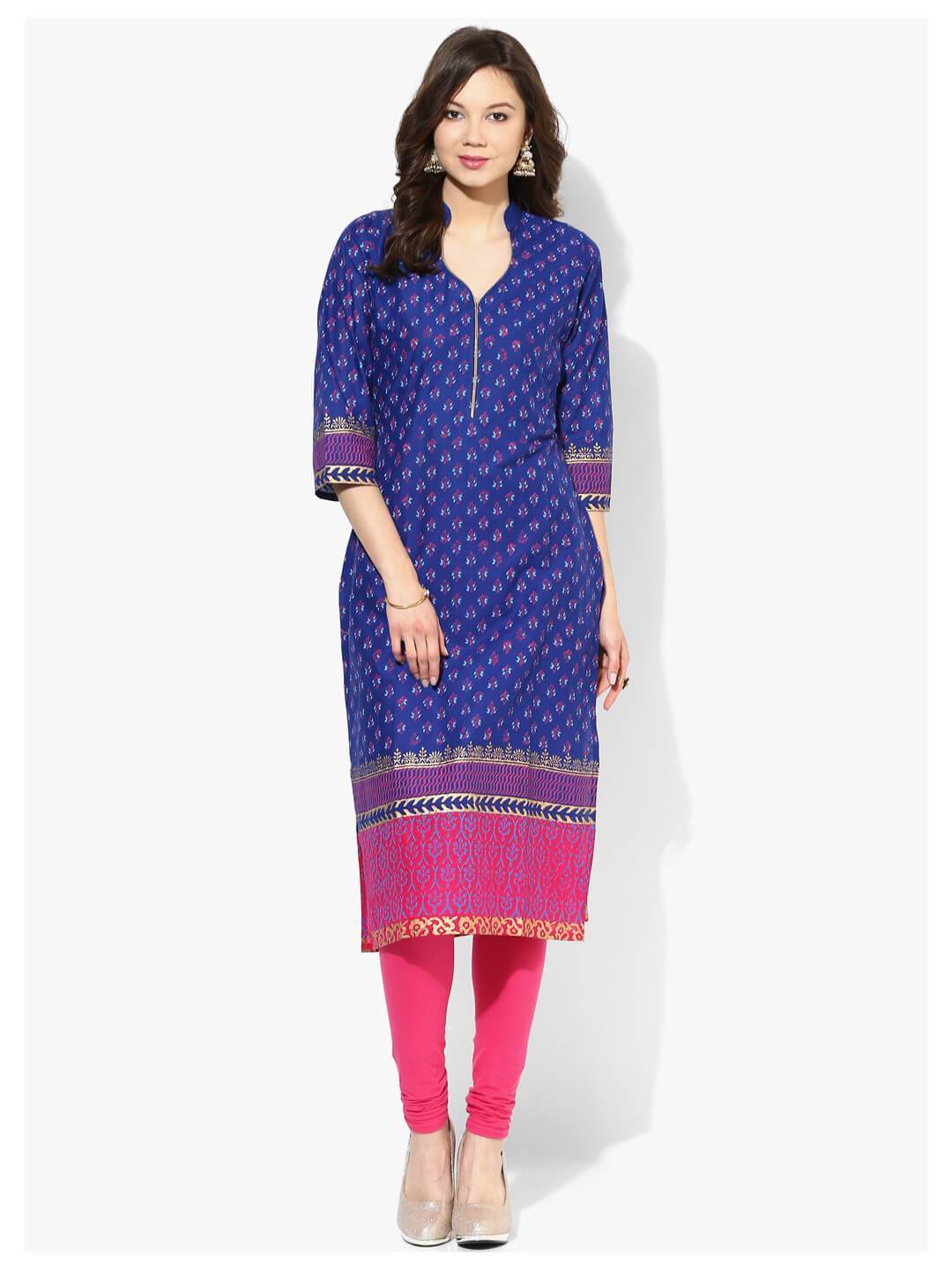 NOZ2TOZ Women's Royal Blue Ajrakh Hand Block Cotton Printed Straight Kurta - Distacart