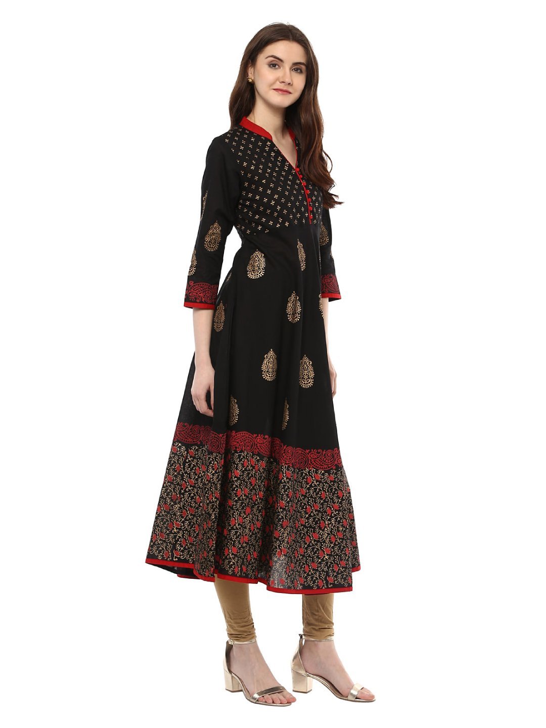 NOZ2TOZ Women's Traditional Black Cotton Printed Anarkali with Ajrakh Hand Block Print - Distacart