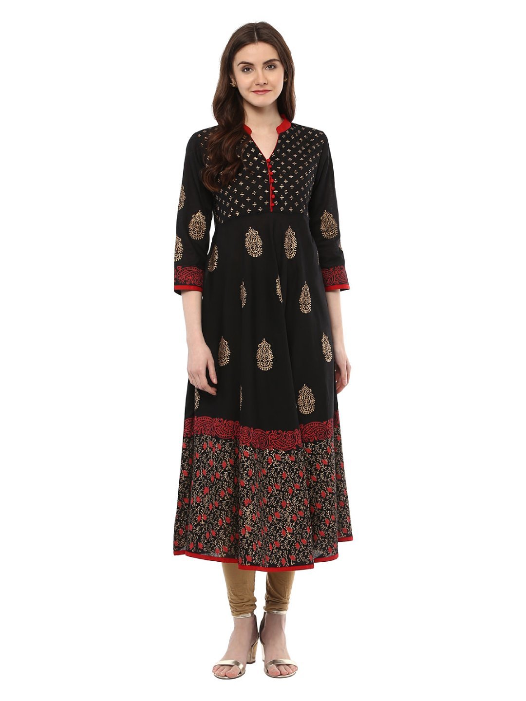 NOZ2TOZ Women's Traditional Black Cotton Printed Anarkali with Ajrakh Hand Block Print - Distacart