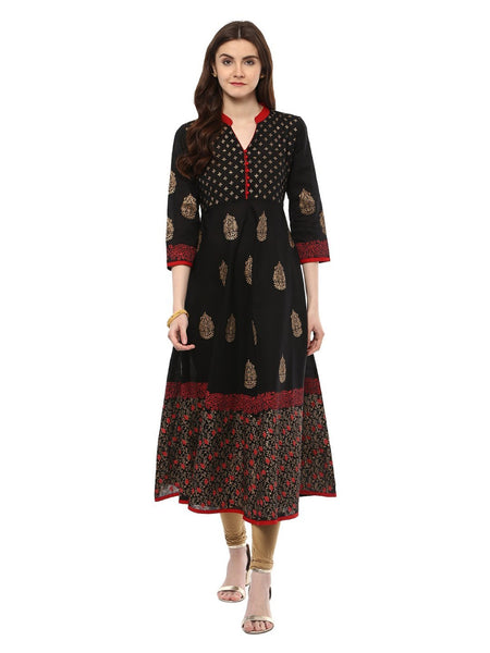 NOZ2TOZ Women's Traditional Black Cotton Printed Anarkali with Ajrakh Hand Block Print - Distacart