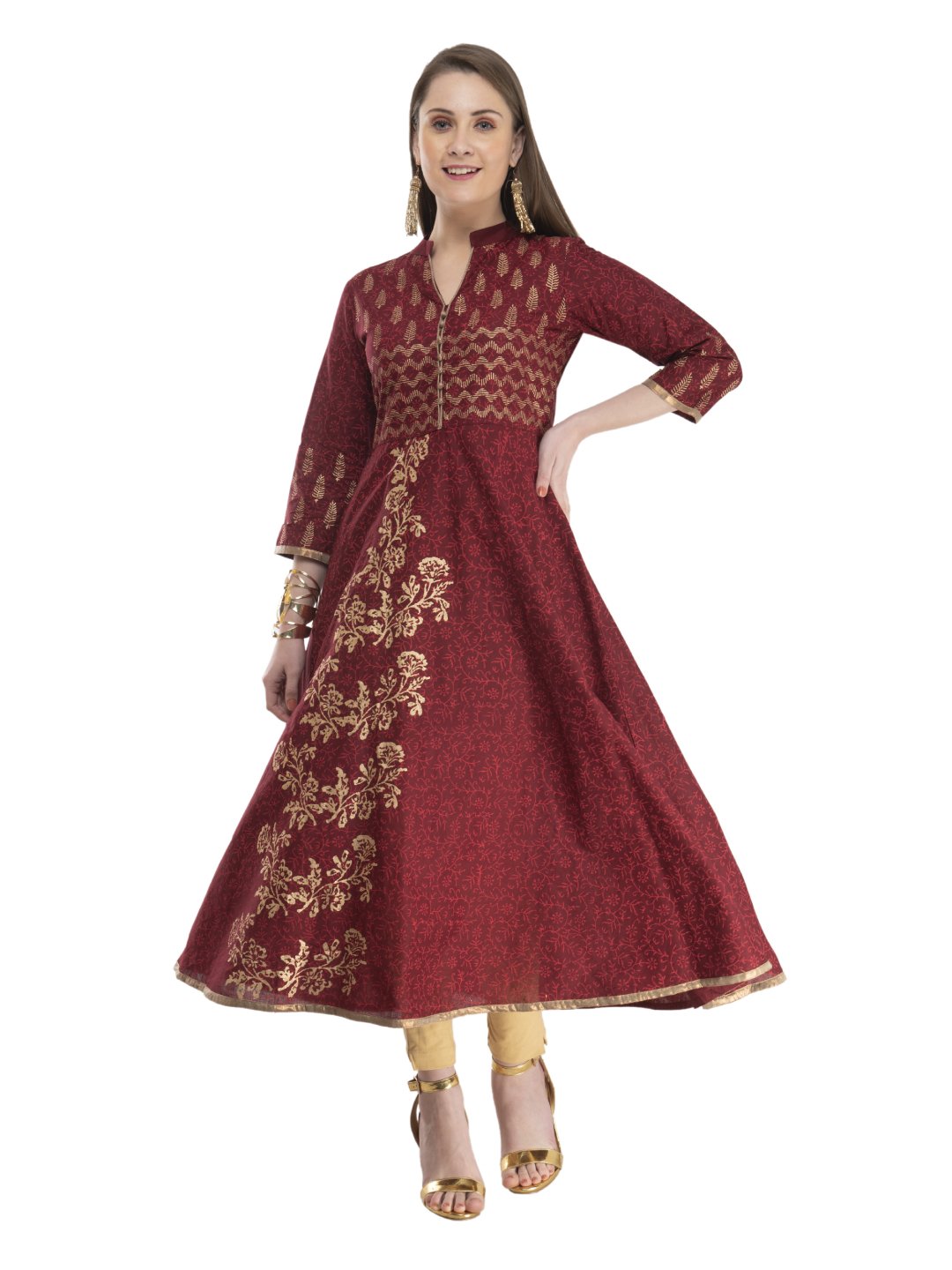 NOZ2TOZ Women's Maroon Festive Ajrakh Hand Block Cotton Printed Anarkali - Distacart