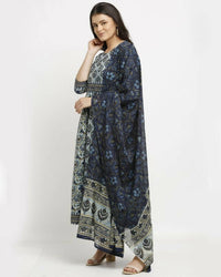 Thumbnail for Aastha Fashion Women's Navy Blue Cotton Printed Kurta with Trouser & Dupatta - Distacart