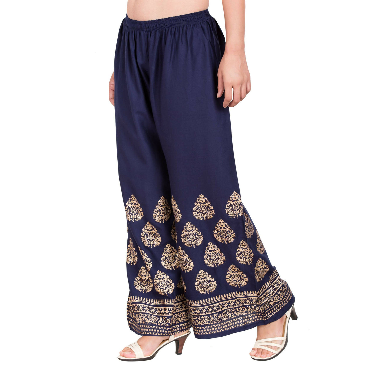 PAVONINE Navy Blue Color Golden Printed Rayon Fabric Sharara For Women & Girls - Distacart