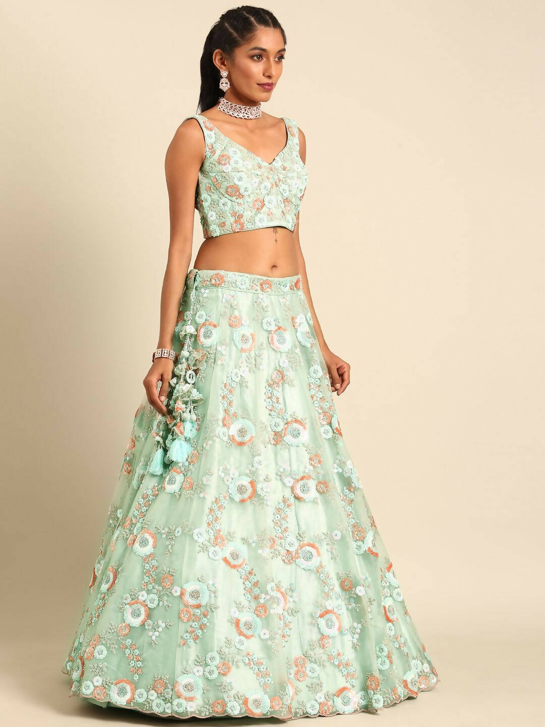 House of Panchhi Sea Green Net Sequins and Zarkan embroidery Lehenga choli & Dupatta - Distacart