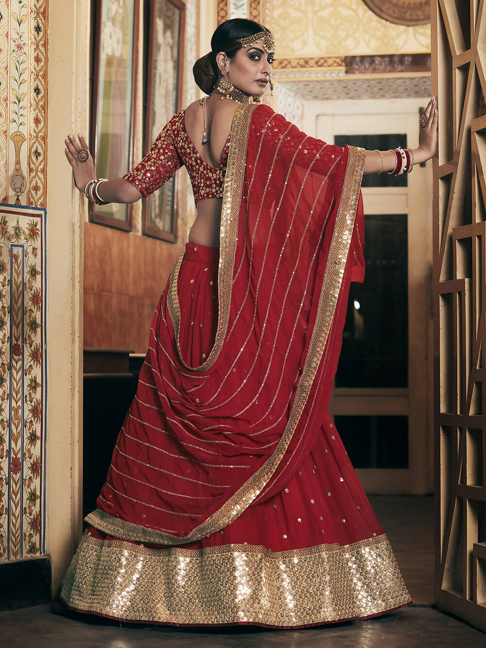 Wedding Designer Sequene Zari Resham Embroidery Red Georgette Lahengha Choli - Anbazaar - Distacart