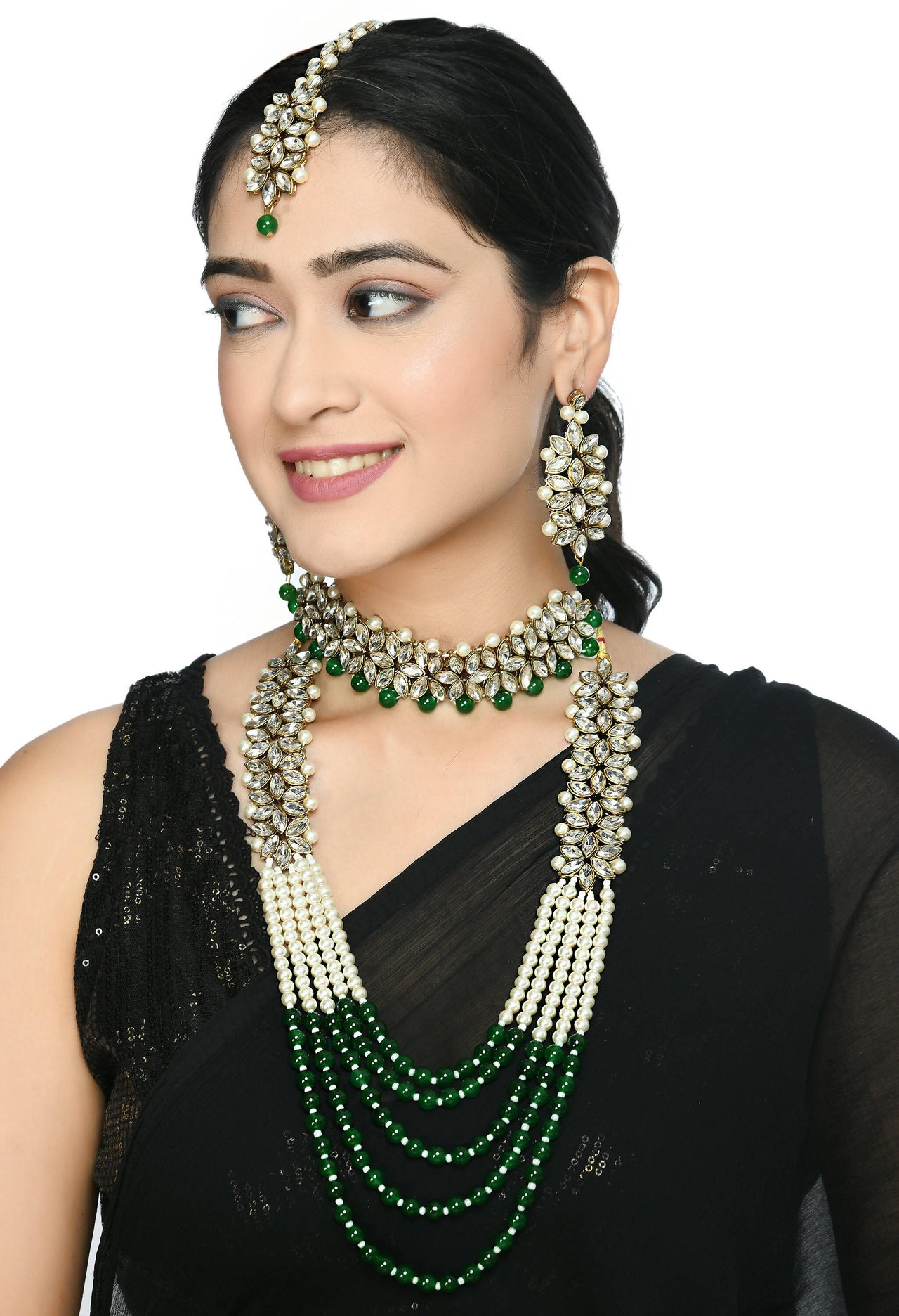 Mominos Fashion Johar Kamal Gold-Plated Rani Haar with Green and Off white Pearls Jewellery Set - Distacart