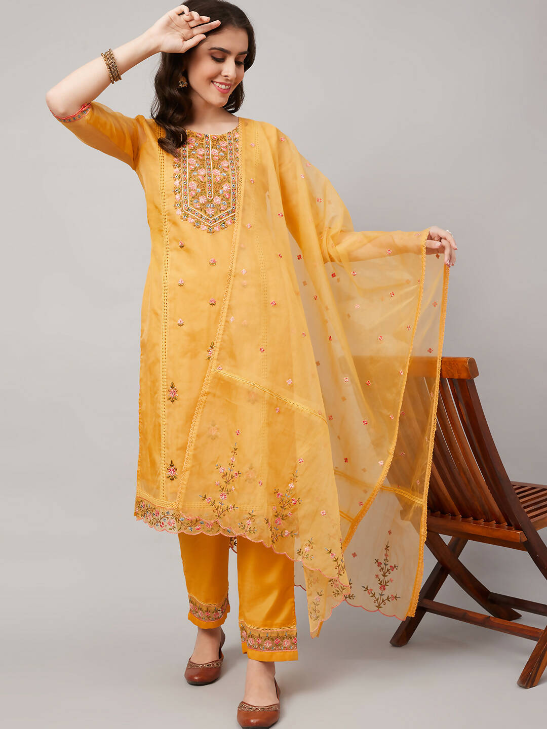 Yellow Organza Embroidered Kurta with Bottom & Dupatta - Salimar - Distacart