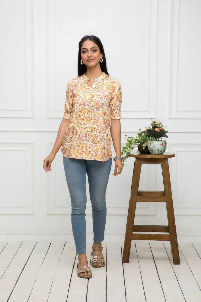 Myshka Women Mustard Floral V-Neck Regular Sleeves Viscose Rayon Top - Distacart