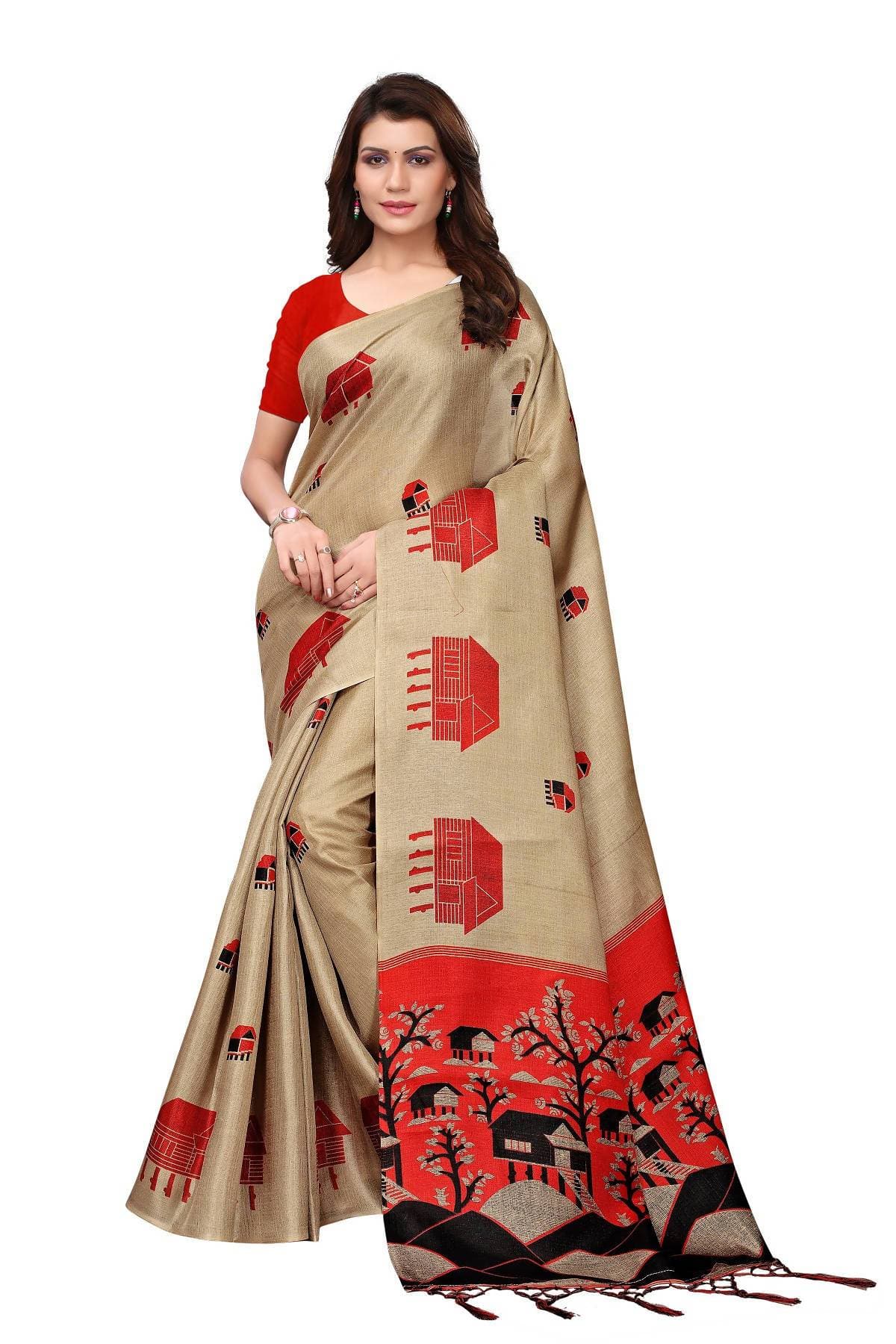 Vamika Traditional Chiku & Red Kalamkari With Jhalar Khadi Silk Saree