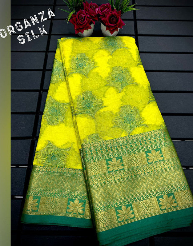 Malishka Pure Organza Silk Morpankh Pattern Handloom Pattu Saree - Lemongreen - Distacart