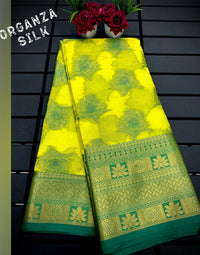 Thumbnail for Malishka Pure Organza Silk Morpankh Pattern Handloom Pattu Saree - Lemongreen - Distacart