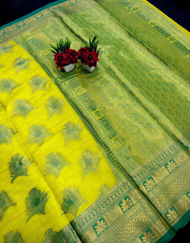 Malishka Pure Organza Silk Morpankh Pattern Handloom Pattu Saree - Lemongreen - Distacart