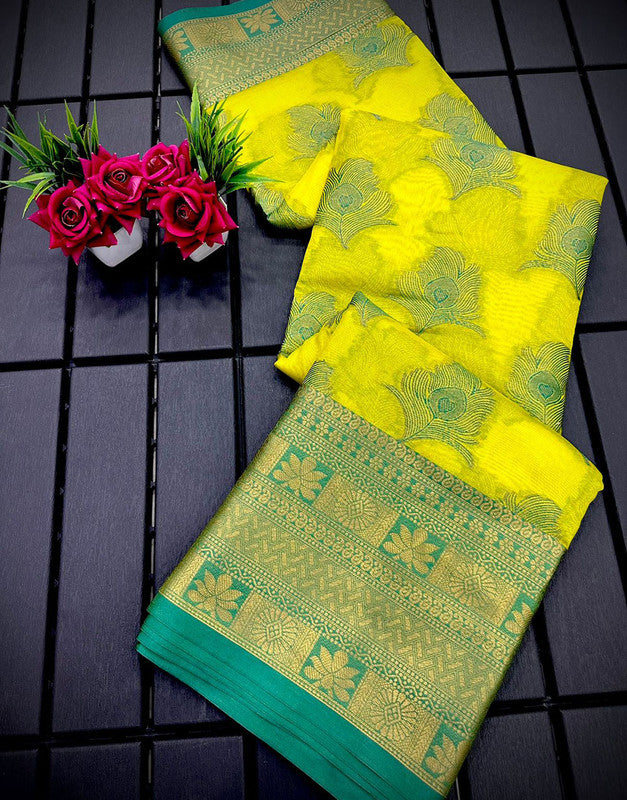 Malishka Pure Organza Silk Morpankh Pattern Handloom Pattu Saree - Lemongreen - Distacart