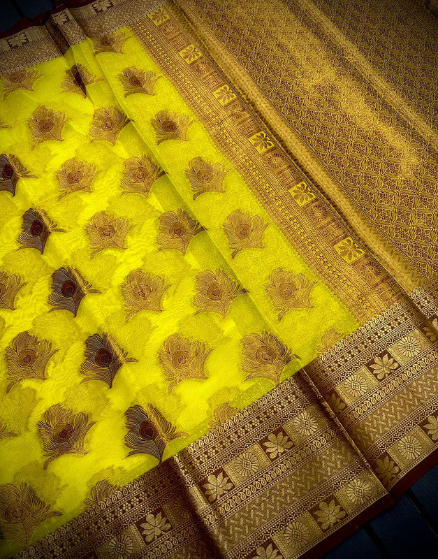 Malishka Pure Organza Silk Morpankh Pattern Handloom Pattu Saree - Yellowbrown - Distacart