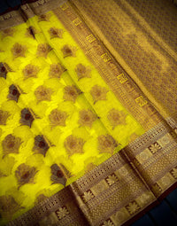 Thumbnail for Malishka Pure Organza Silk Morpankh Pattern Handloom Pattu Saree - Yellowbrown - Distacart