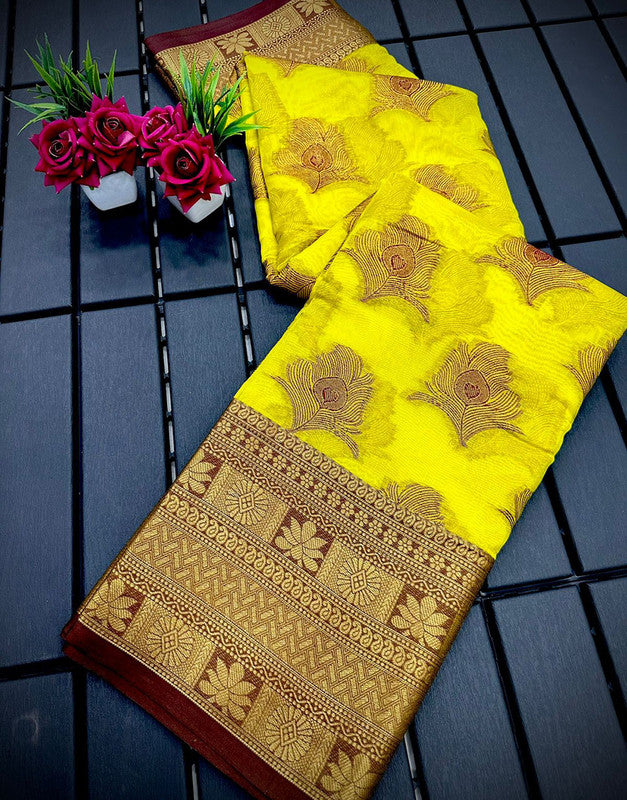 Malishka Pure Organza Silk Morpankh Pattern Handloom Pattu Saree - Yellowbrown - Distacart