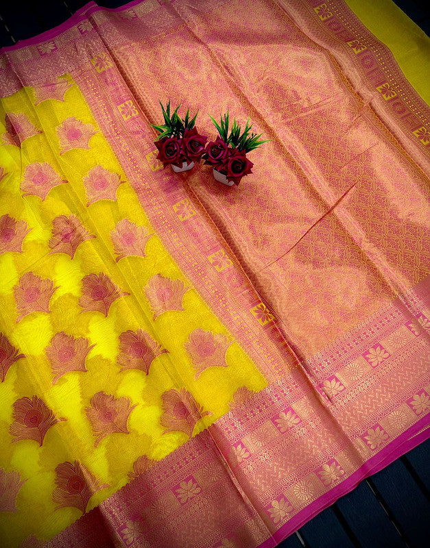 Malishka Pure Organza Silk Morpankh Pattern Handloom Pattu Saree - Yellowpink - Distacart