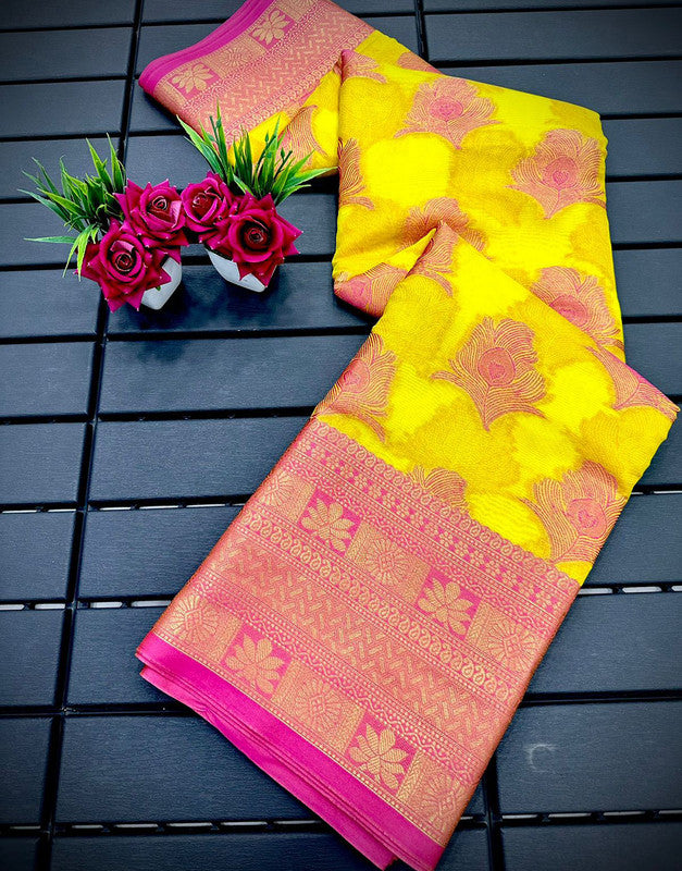 Malishka Pure Organza Silk Morpankh Pattern Handloom Pattu Saree - Yellowpink - Distacart