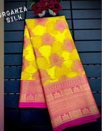 Thumbnail for Malishka Pure Organza Silk Morpankh Pattern Handloom Pattu Saree - Yellowpink - Distacart