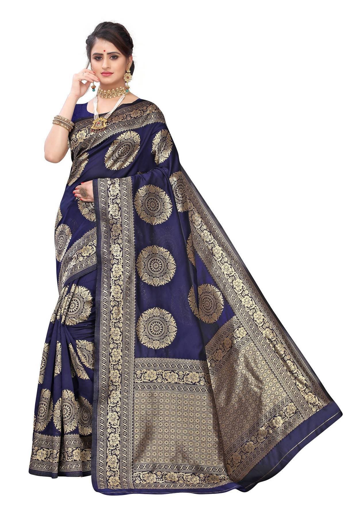 Vamika Traditional Banarasi Jacquard Weaving Navy Blue Saree