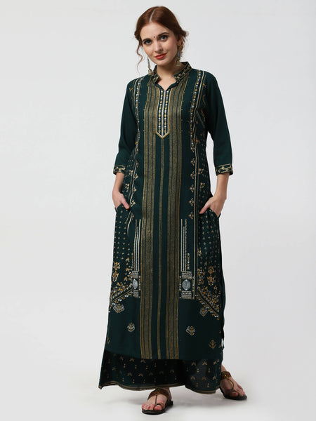 Cheera Embellished Daily Wear Cotton Blend Kurta With Palazoo - Bottle Green - Distacart