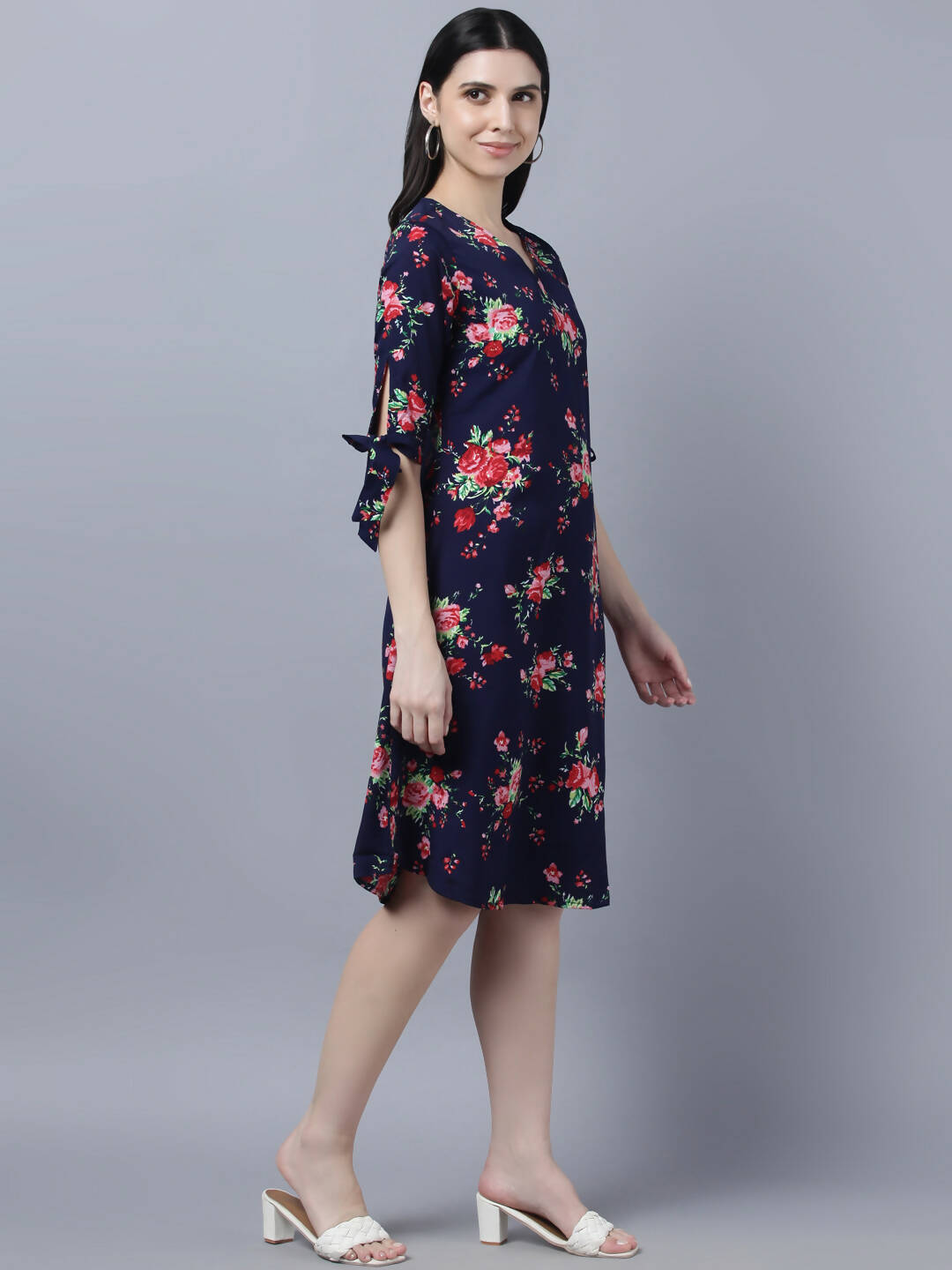 Myshka Women Navy Blue Pink Floral Print A-line Dress - Distacart