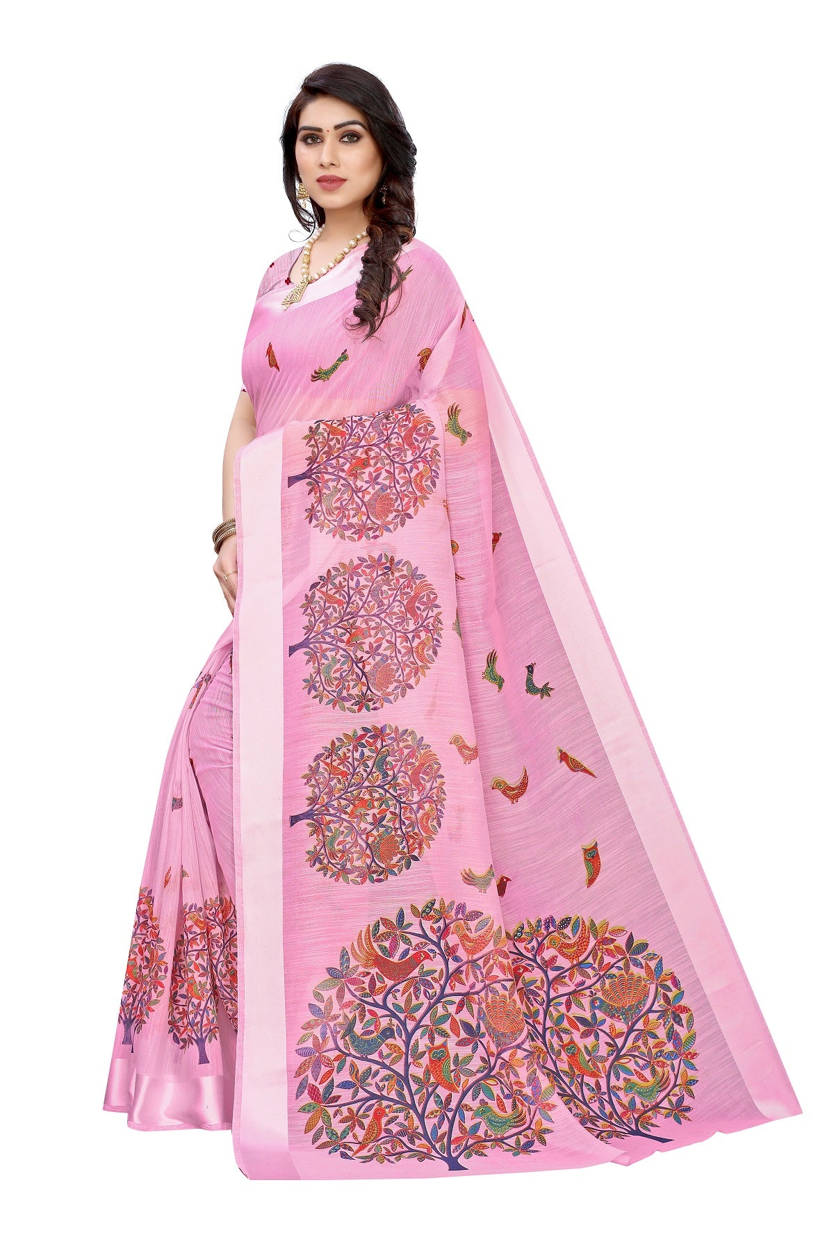 Vamika Linen Satin Border Pink Bollywood Style Saree - Distacart