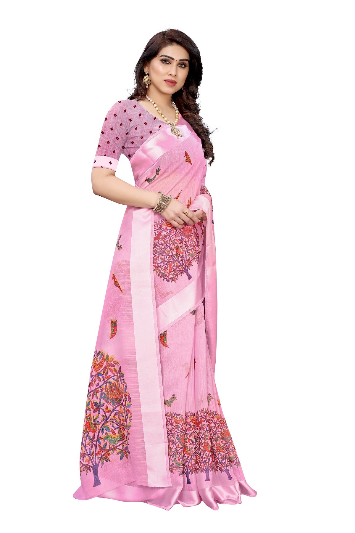 Vamika Linen Satin Border Pink Bollywood Style Saree - Distacart
