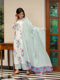 Thumbnail for Malishka Women's White Cotton Floral Printed Kurta Palazzo Set With Dupatta - White - Distacart