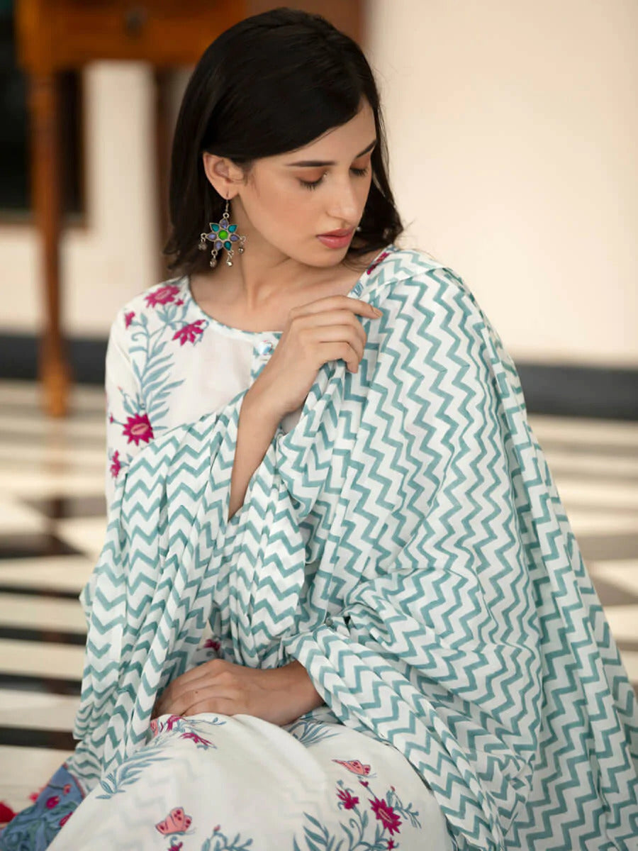 Malishka Women's White Cotton Floral Printed Kurta Palazzo Set With Dupatta - White - Distacart