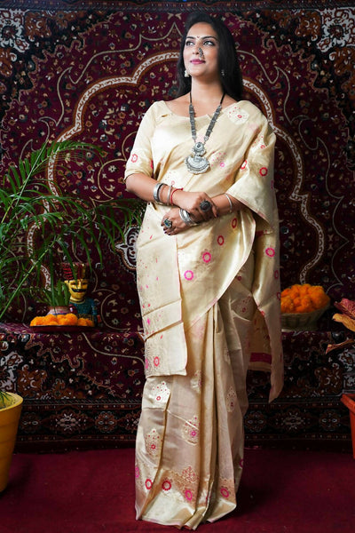 Aastha Fashion Beige Woven Soft Linen Silk Saree with Blouse - Distacart