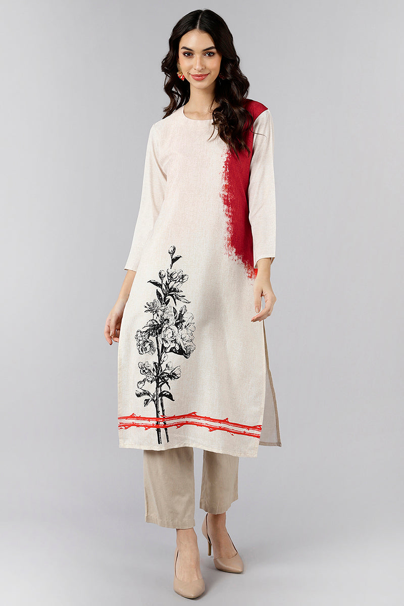 Women's White Polyester Abstract Print Straight Kurta - Rasiya - Distacart