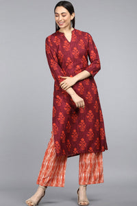 Thumbnail for Women's Maroon Polyester Geometric Printed Kurta Set - Rasiya - Distacart