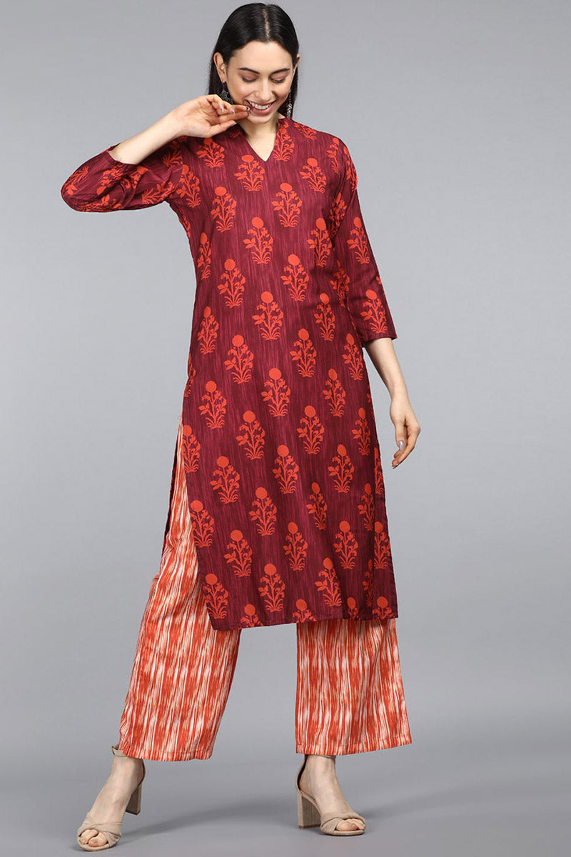 Women's Maroon Polyester Geometric Printed Kurta Set - Rasiya - Distacart