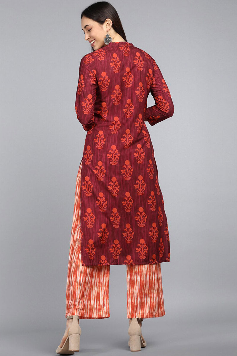 Women's Maroon Polyester Geometric Printed Kurta Set - Rasiya - Distacart