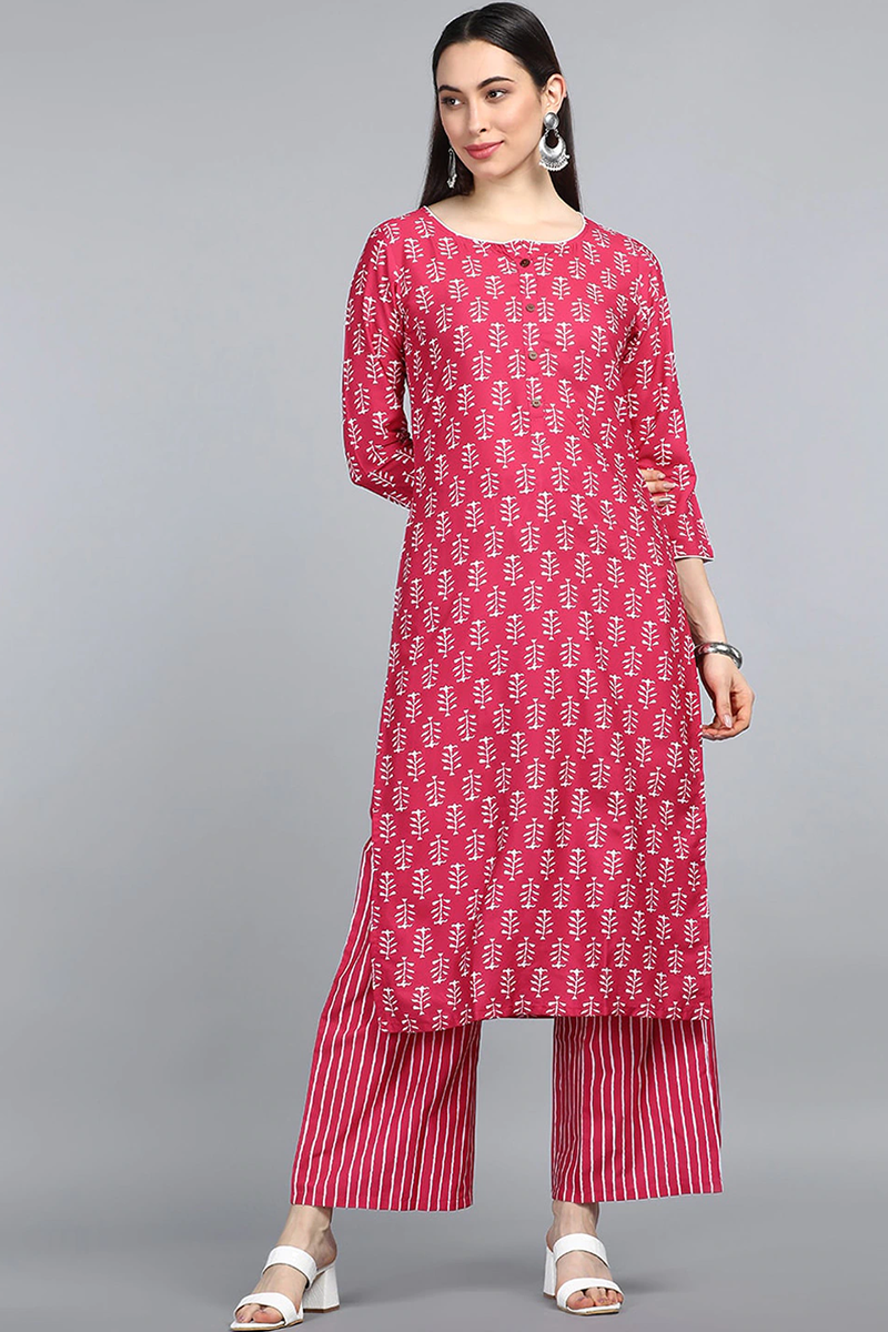 Women's Pink Polyester Striped Printed Straight Kurta Set - Rasiya - Distacart