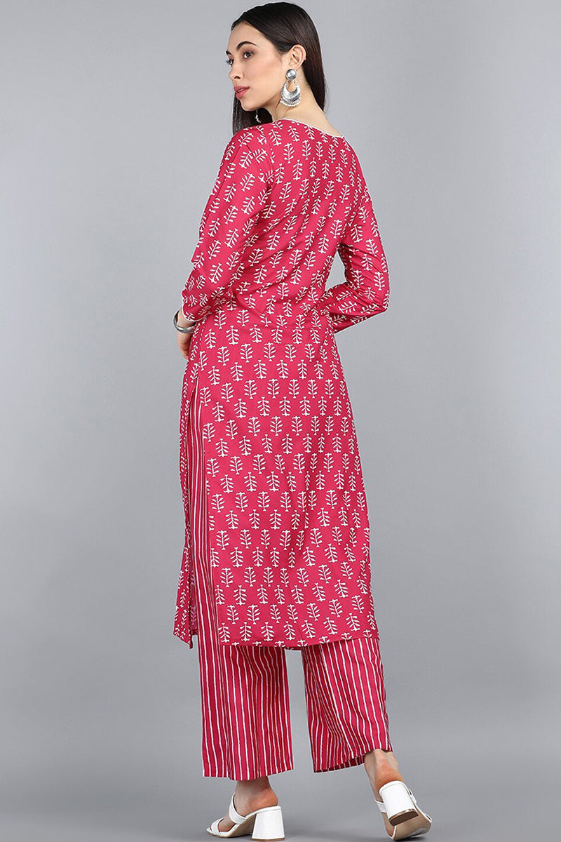 Women's Pink Polyester Striped Printed Straight Kurta Set - Rasiya - Distacart