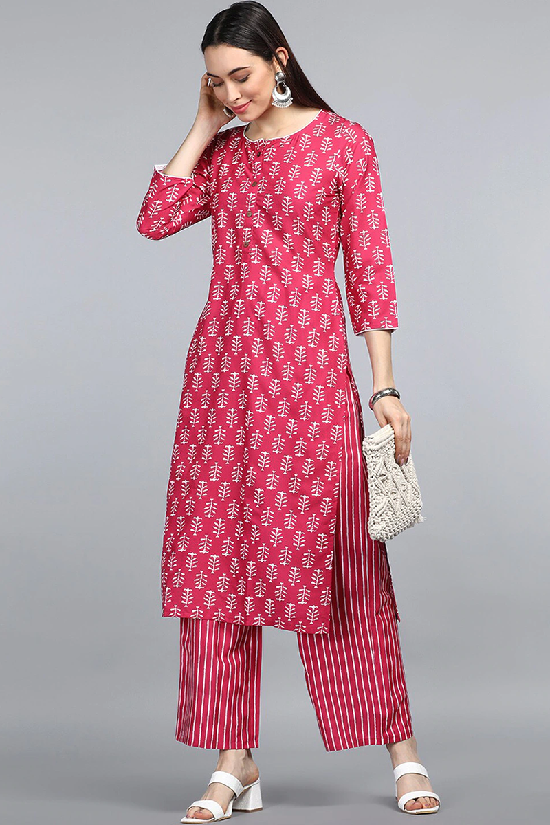 Women's Pink Polyester Striped Printed Straight Kurta Set - Rasiya - Distacart