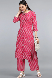 Thumbnail for Women's Pink Polyester Striped Printed Straight Kurta Set - Rasiya - Distacart