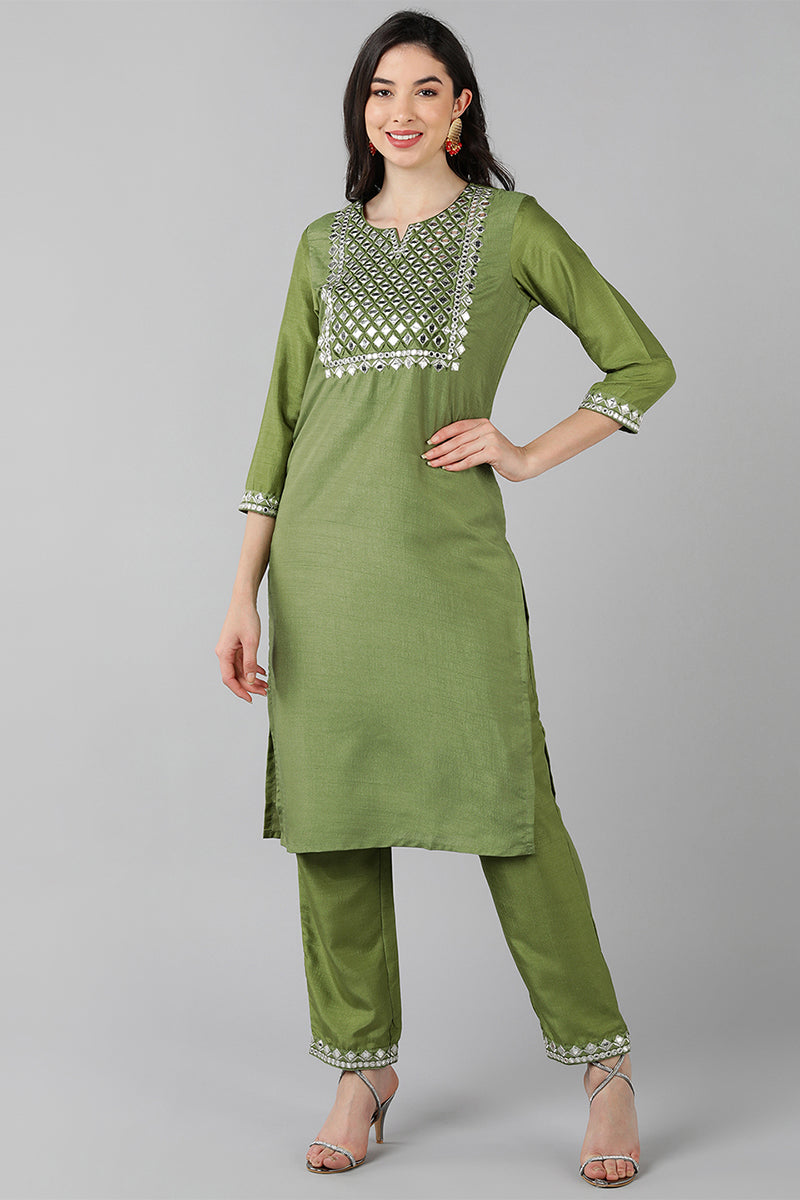 Women's Green Poly Silk Embroidered Straight Kurta Set - Rasiya - Distacart