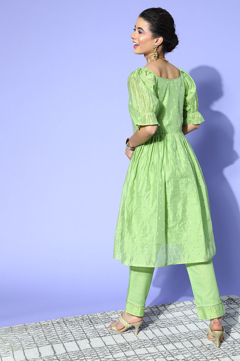 Women's Green Poly Chanderi Square Neck Kurta Set - Rasiya - Distacart