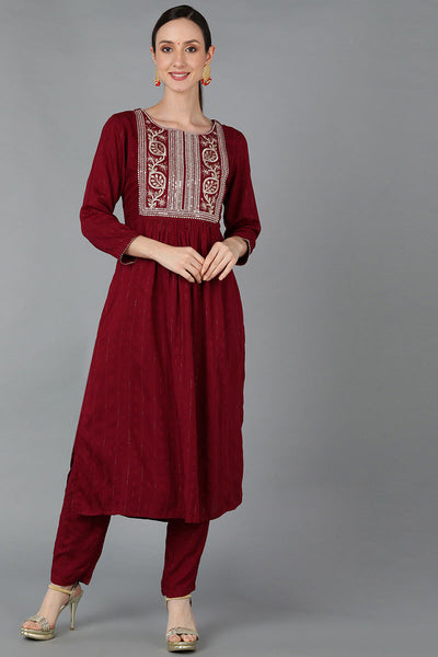 Women's Maroon Silk Blend Yoke Design Solid Straight Kurta Set - Rasiya - Distacart