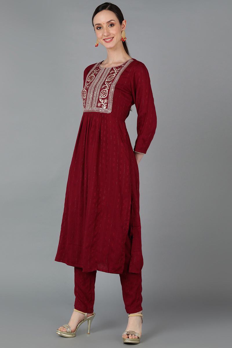 Women's Maroon Silk Blend Yoke Design Solid Straight Kurta Set - Rasiya - Distacart