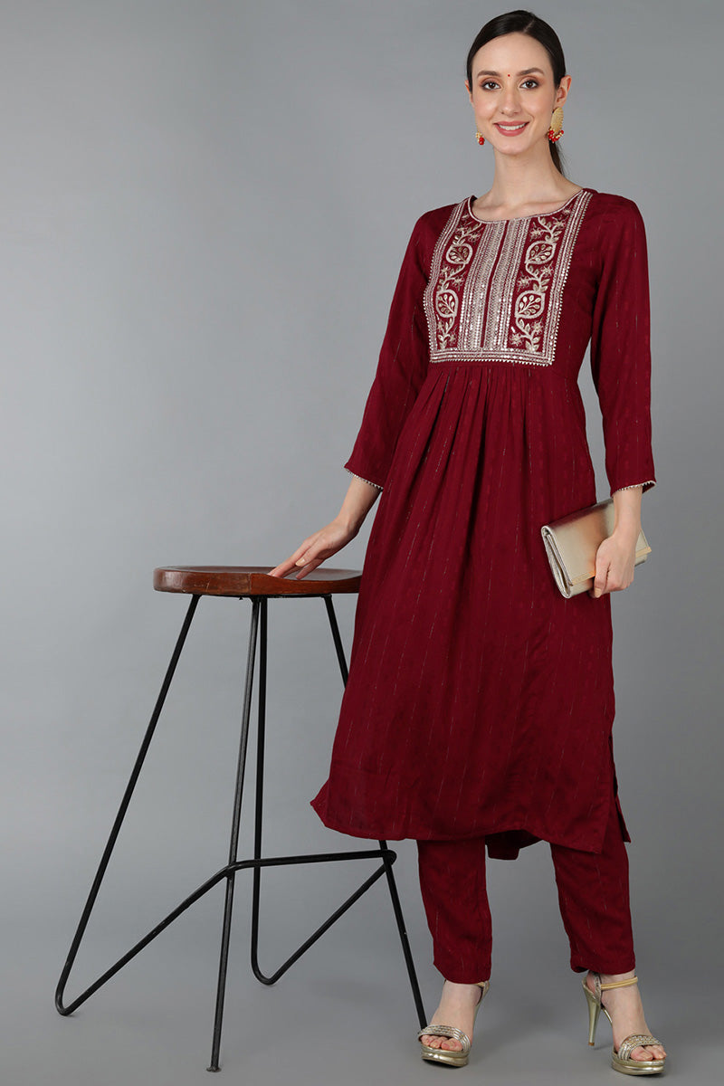 Women's Maroon Silk Blend Yoke Design Solid Straight Kurta Set - Rasiya - Distacart