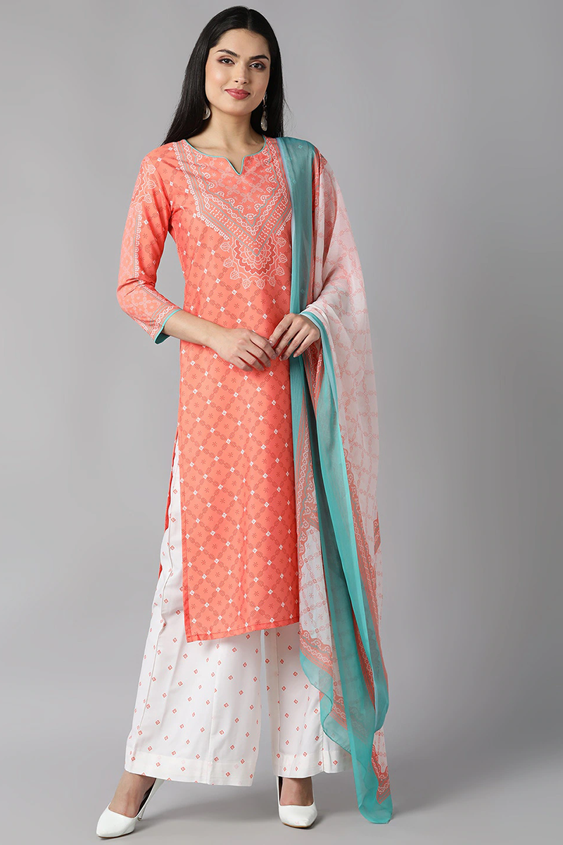 Women's Peach Polyester Straight Kurta Palazzo With Dupatta - Rasiya - Distacart