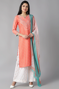 Thumbnail for Women's Peach Polyester Straight Kurta Palazzo With Dupatta - Rasiya - Distacart