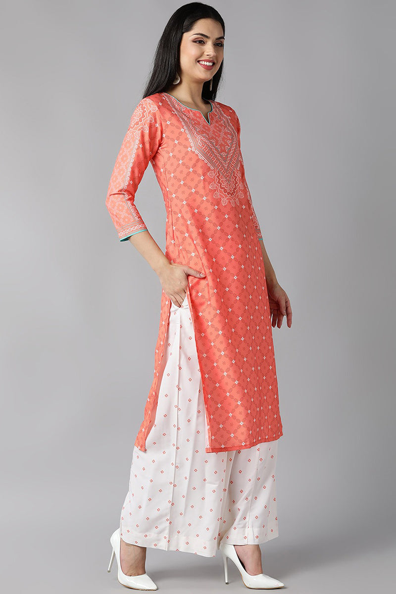 Women's Peach Polyester Straight Kurta Palazzo With Dupatta - Rasiya - Distacart