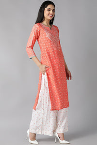 Thumbnail for Women's Peach Polyester Straight Kurta Palazzo With Dupatta - Rasiya - Distacart