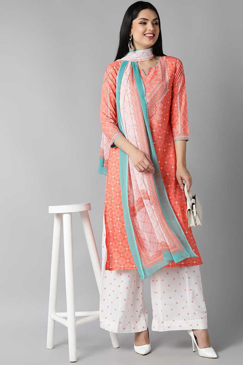 Women's Peach Polyester Straight Kurta Palazzo With Dupatta - Rasiya - Distacart